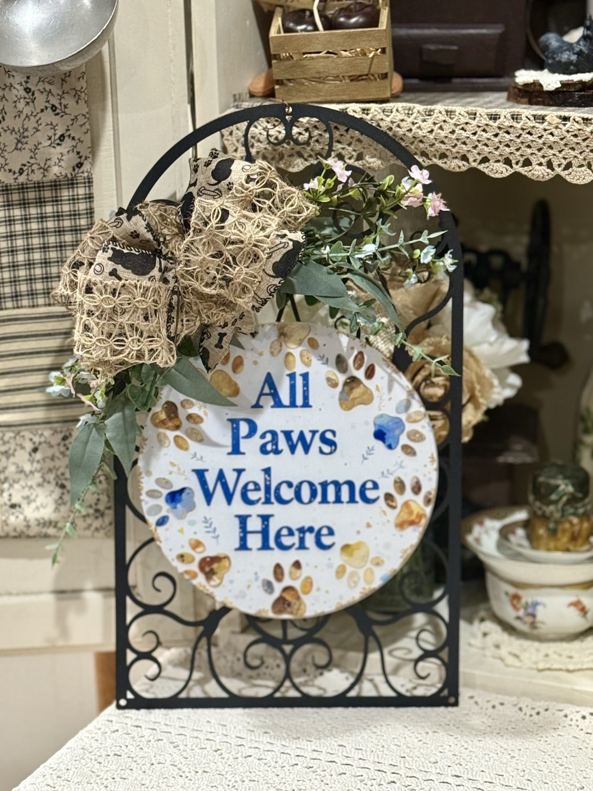 Handcrafted All Paws Welcome Wreath-Wall Decor , 9×16”, Metal Burlap, Light