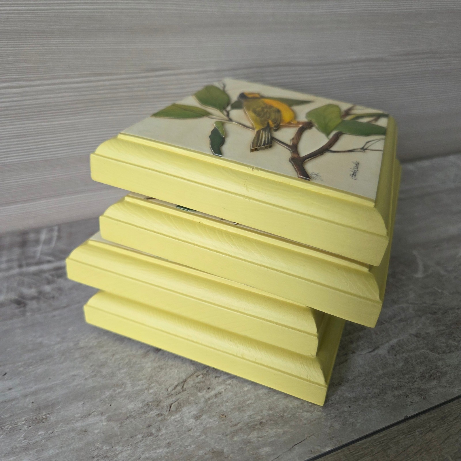 Vintage 1973 3D Paper Tole Bird Wall Art Set 4 Wood Plaques Yellow Cottagecore