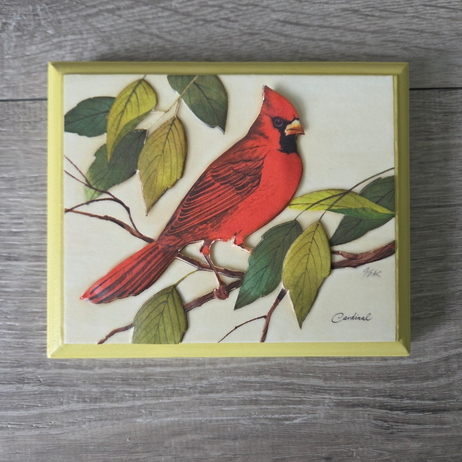 Vintage 1973 3D Paper Tole Bird Wall Art Set 4 Wood Plaques Yellow Cottagecore