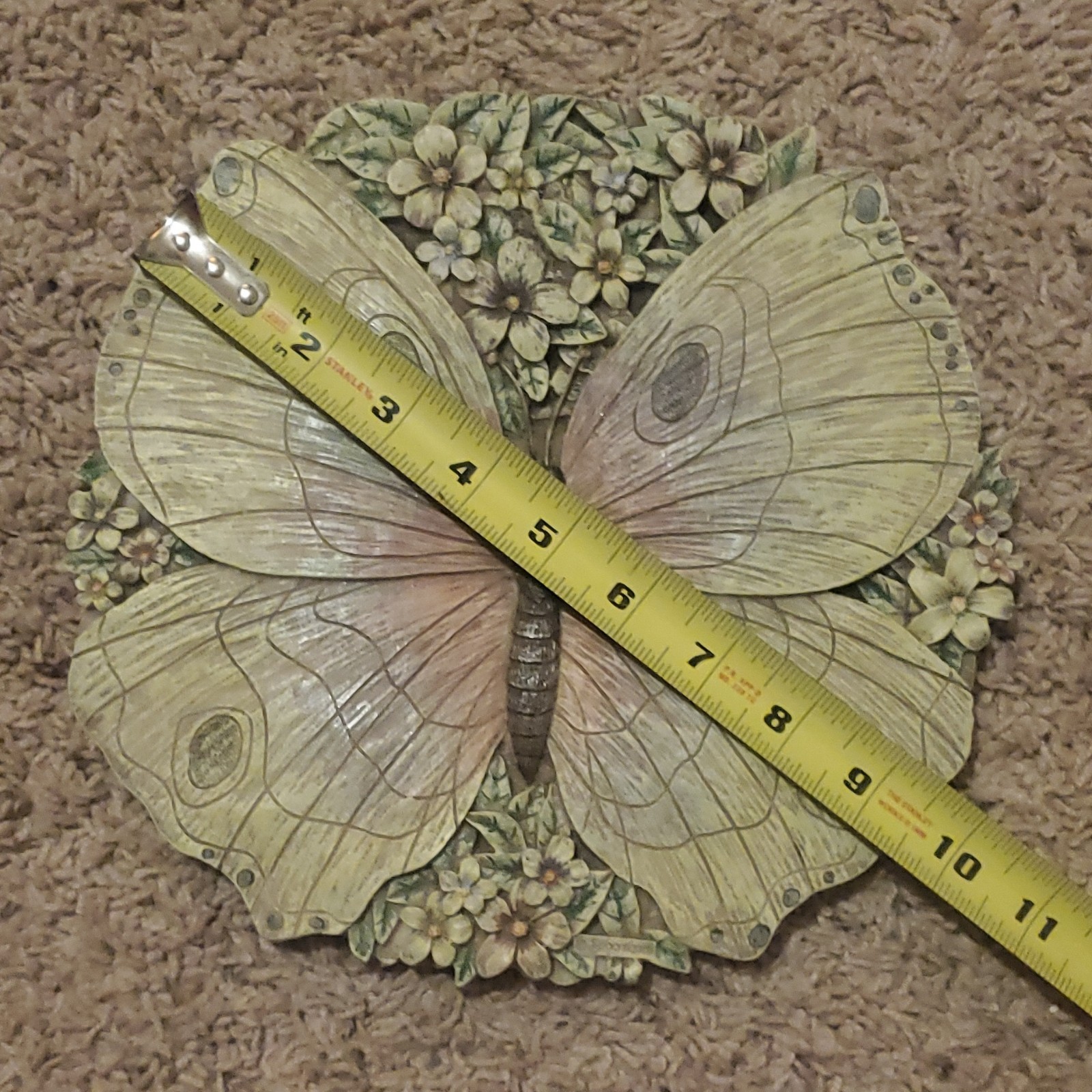 Spoonantiques Butterfly Floral Wood Wall Plaque Beige Green Pink 11×9 Ready