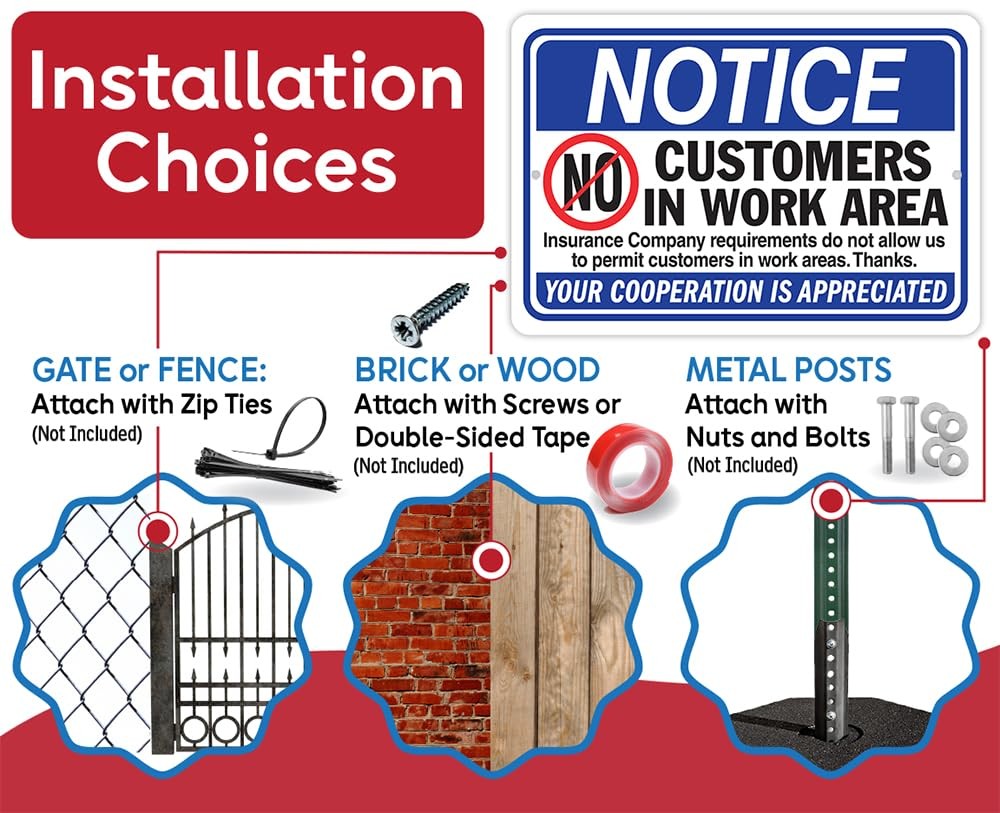 Notice No Customers in Work Area Metal Sign Workshop Facility Wall Decor