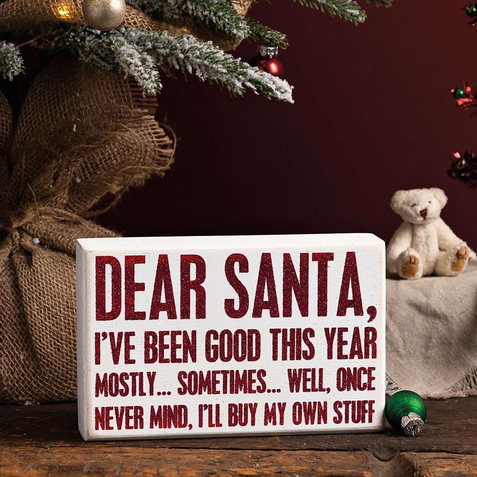 Primitives by Kathy Holiday Glitter Box Sign Dear Santa Buy My Own Stuff Humor