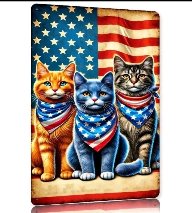 Patriotic Cats American Flag Metal Sign Rustic Wall Art 3 Cats USA Decor