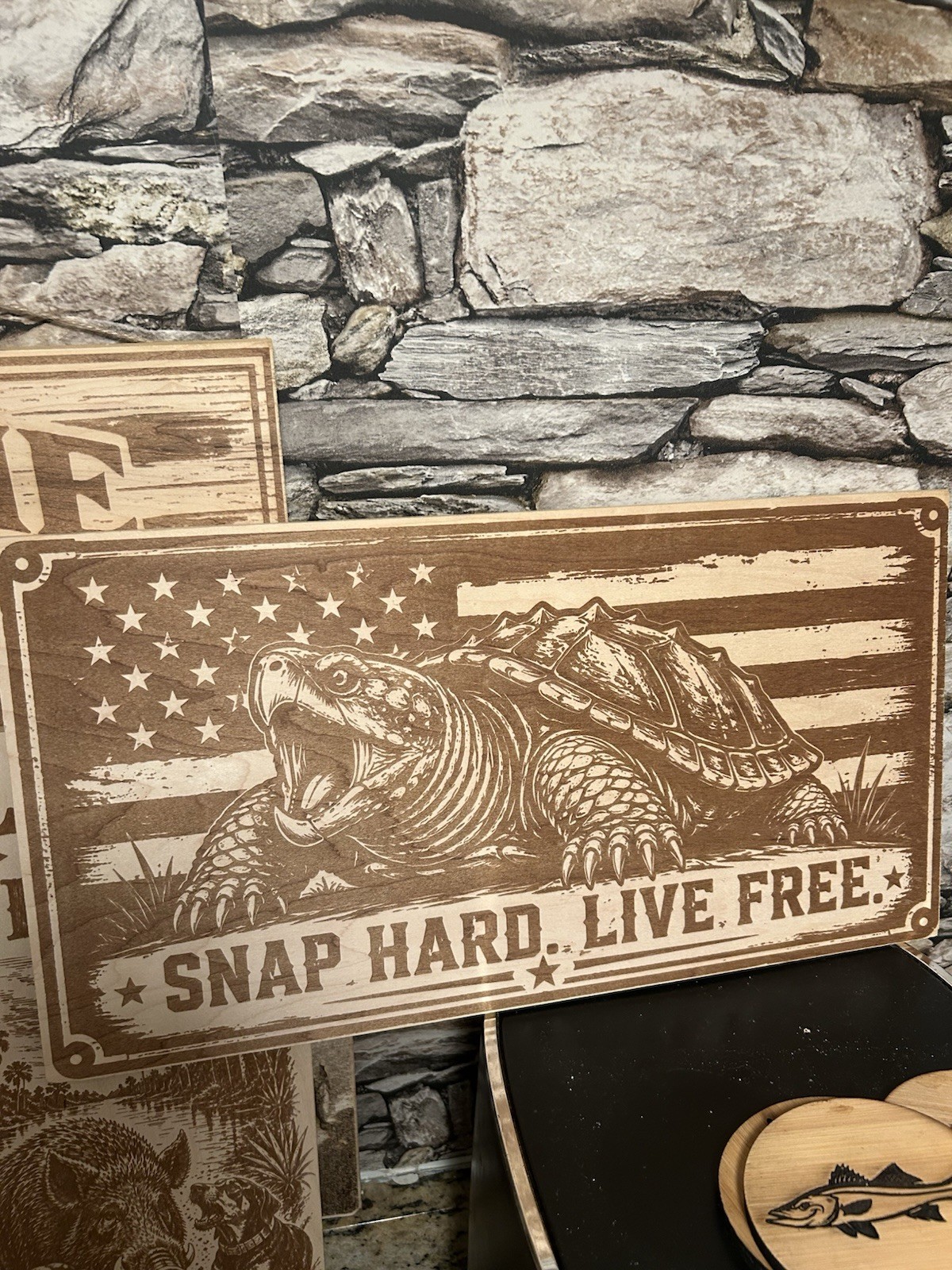 Live Free Turtle American Flag Rustic Wood Wall Sign, Horizontal