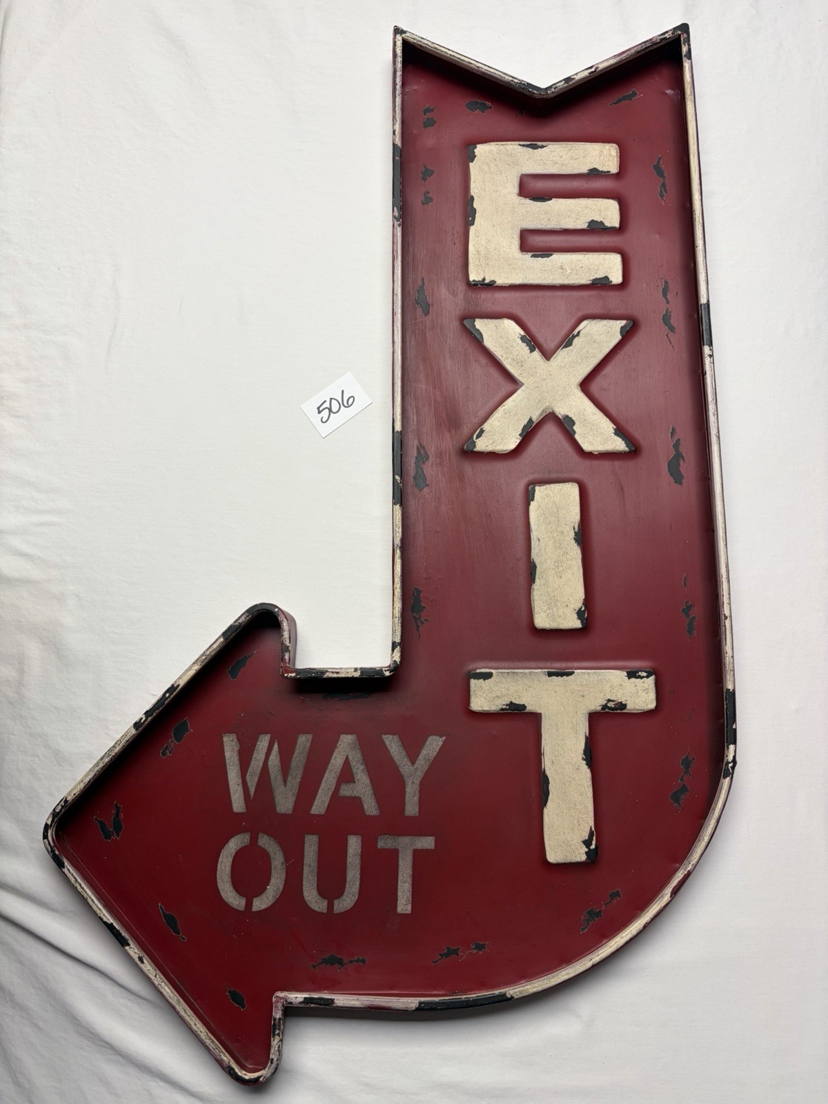 Wall Decor Metal “Exit Way Out” Sign Curved Arrow in Red Distressed Design