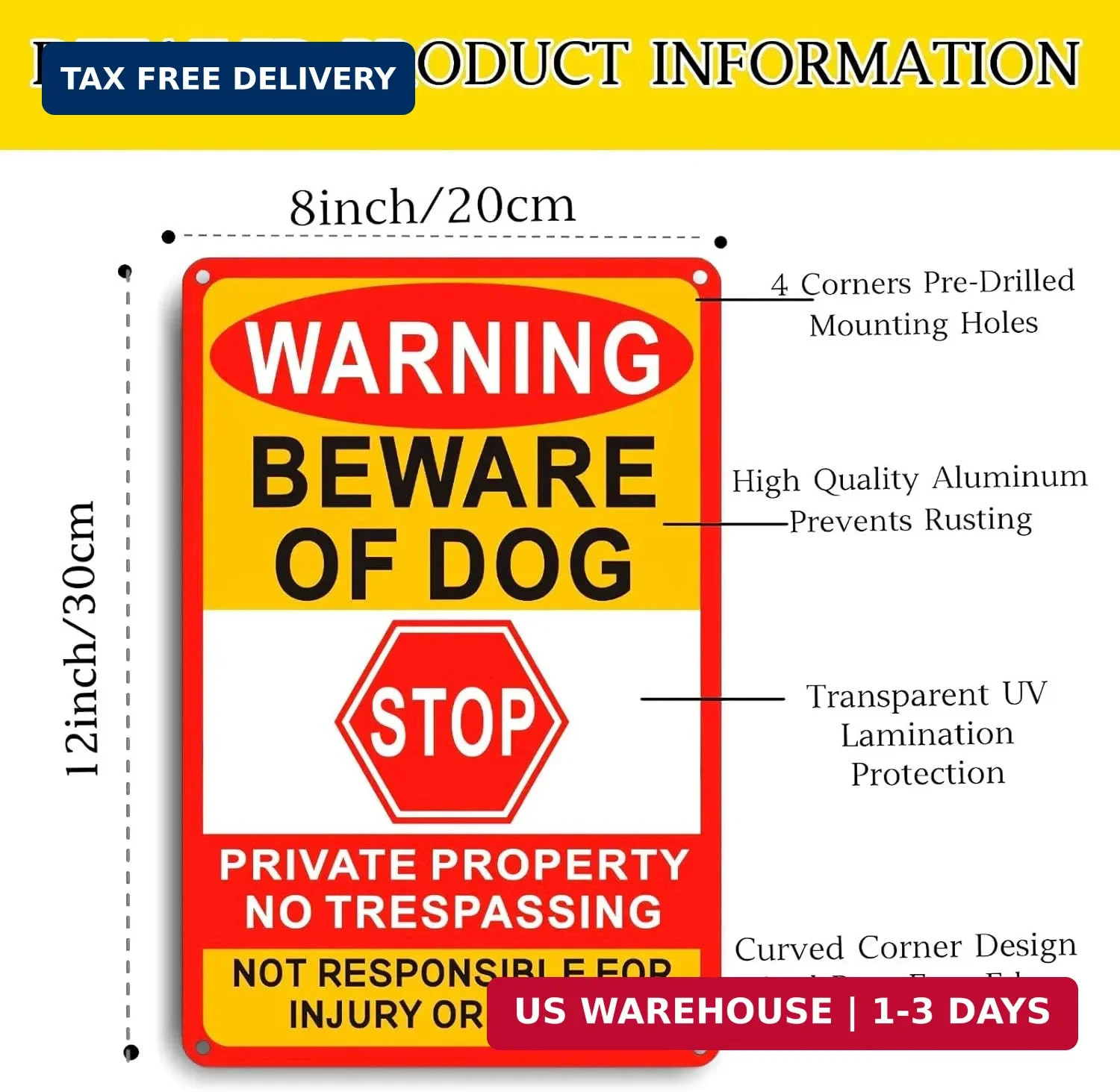3 Pack Beware of Dog Sign, 8X12 Inches, Aluminum Metal, No Trespassing Sign