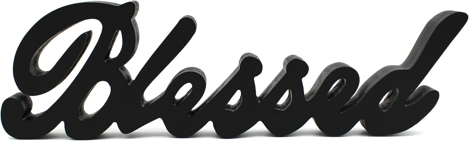 CVHOMEDECO. Blessed Sign Free Standing Wooden 15″L x 4-1/4″H x 1″T, Black