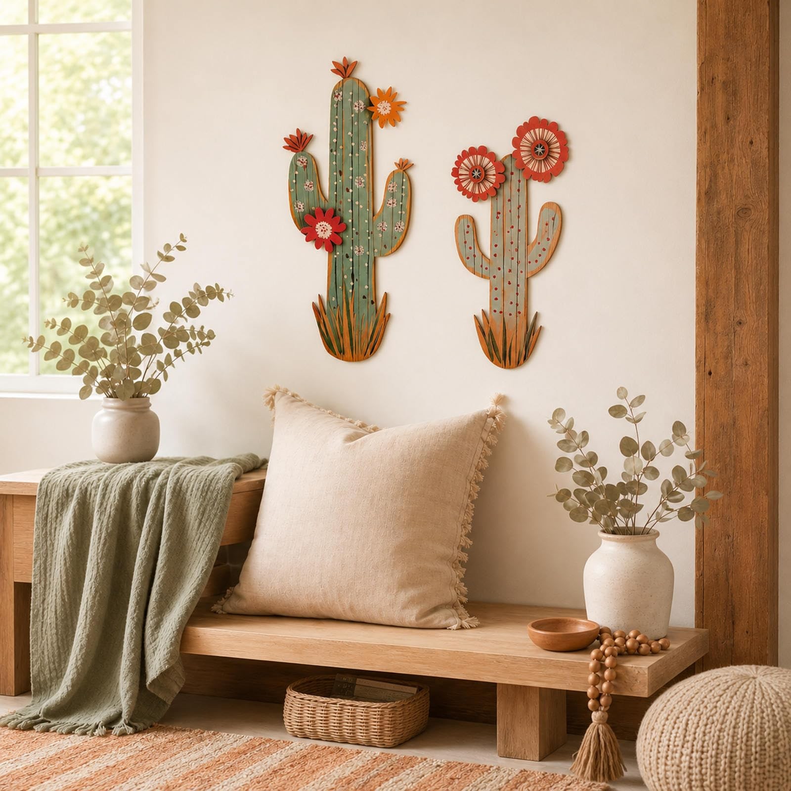 15.7in Layered Cactus Wall Decor, Set of 2 Wooden Cactus Flower Picture South…