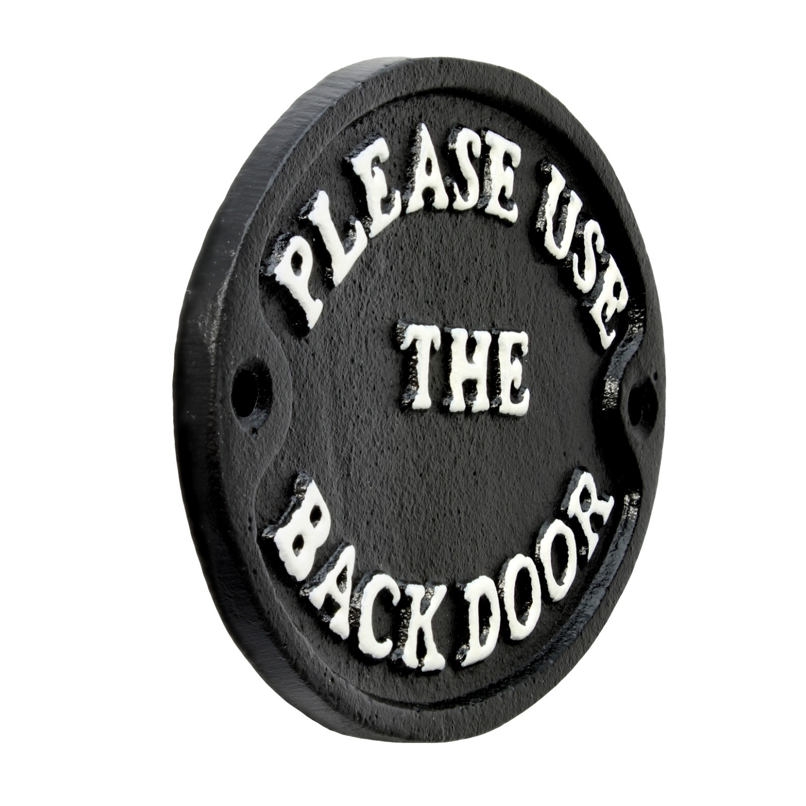 Please Use The Back Door Oval Cast Iron Plaque Sign Embossed Black 4 3/4 inch