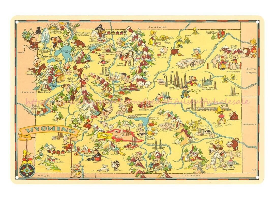 Pictorial map of WYOMING state by Ruth Taylor 1935 metal tin sign Office decor