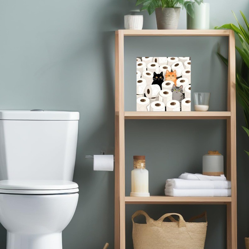Funny Black Orange Gray Cats in Toilet Paper Rolls Bathroom Wooden Box Sign