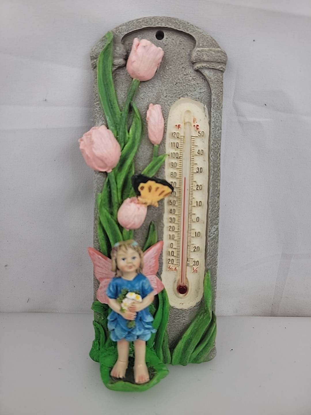 Resin Wall Fairy, Butterflie & Pink Lilies Plaque Thermometer