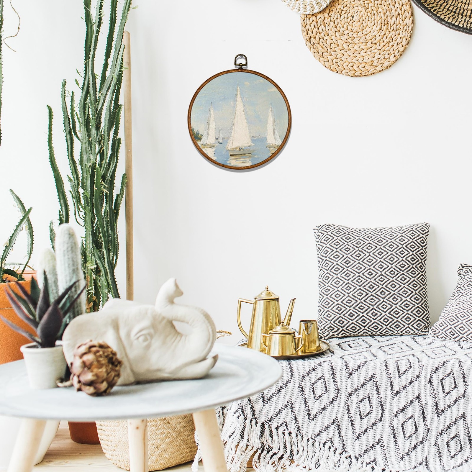 Vintage Sailboat Round Wall Art Decor – Coastal Landscape Wall Art Canvas Fra…