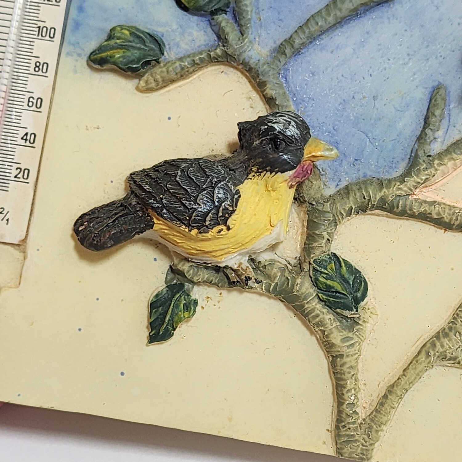 Bird Thermometer Plaster Cement Painted 3D Hanging Plaque 5.25″x3.5″ Small Birds