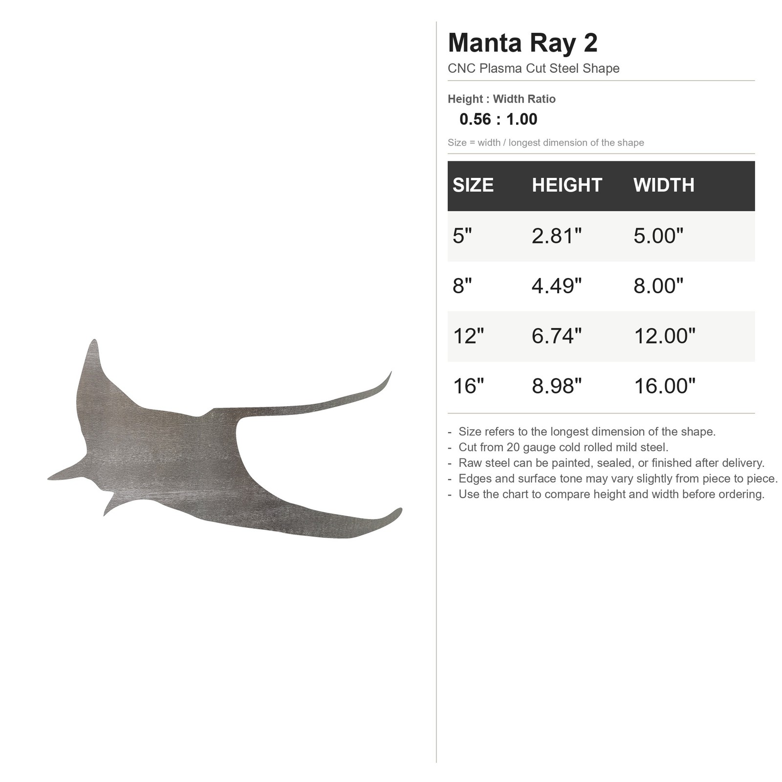 Manta Ray 2 Steel Cutout Shape, Raw Metal Wall Art and Craft Supply