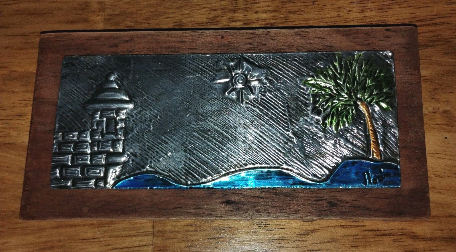 Vintage Repousse Metal Wall Art Nautical Picture. Signed, On Wood. Lighthouse