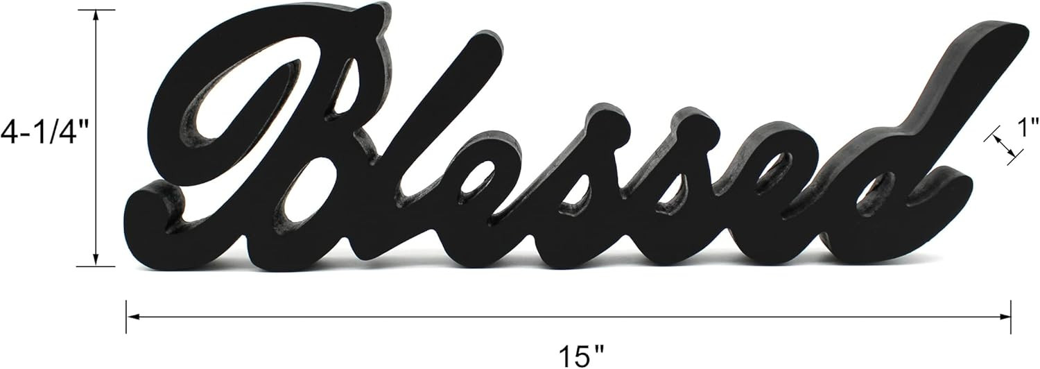 CVHOMEDECO. Blessed Sign Free Standing Wooden 15″L x 4-1/4″H x 1″T, Black