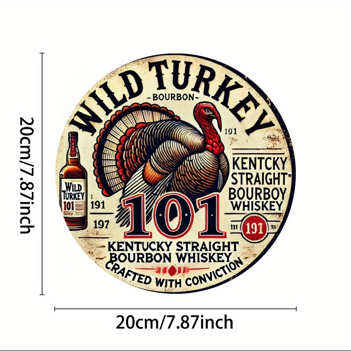 Tin Metal Sign Wild Turkey Bourbon Whiskey Vintage Style Round 8×8