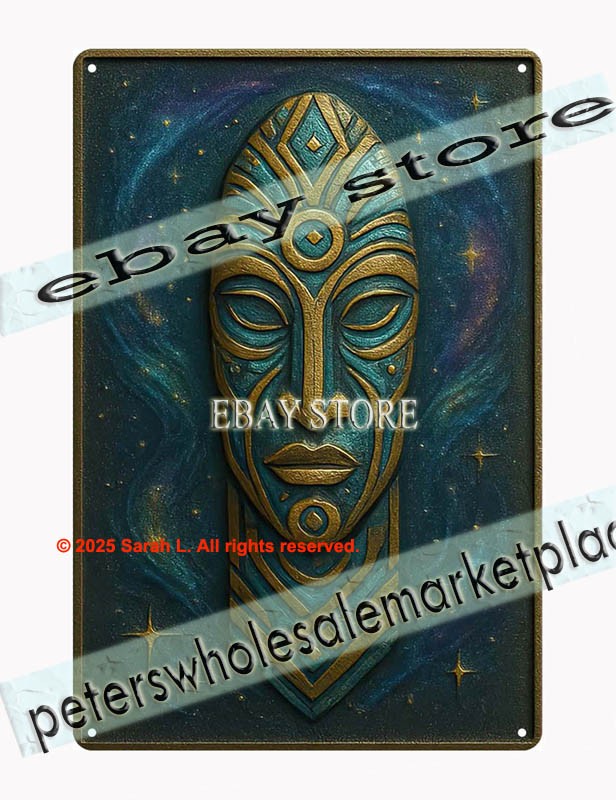 Mystic guardian mask tin sign ancient celestial face decor