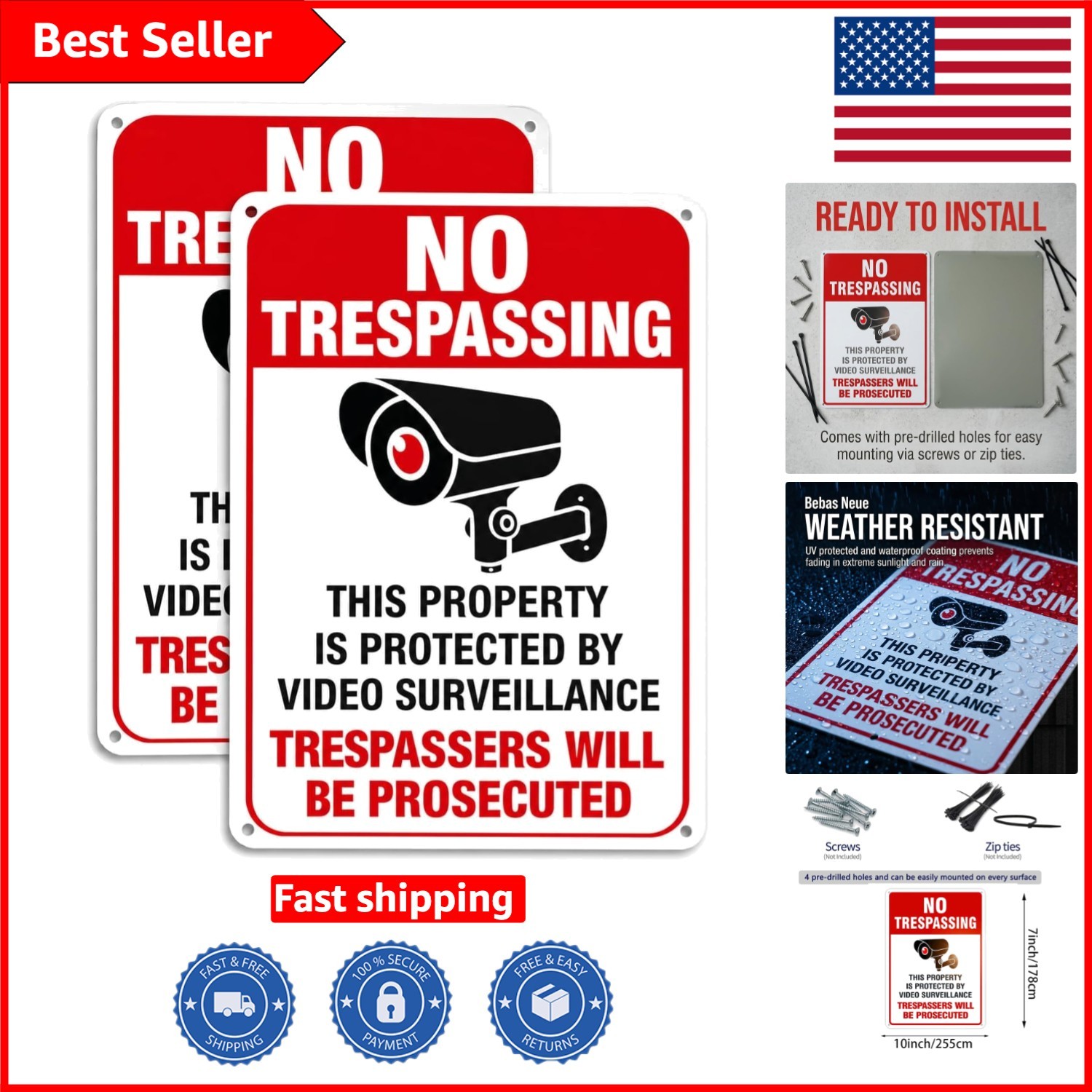 Weatherproof No Trespassing Video Surveillance Sign – 10×7 Inch Aluminum 2-Pack