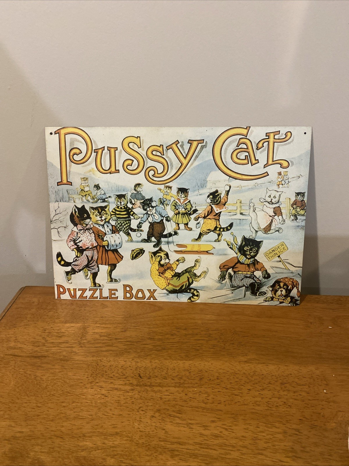 Pussy Cat Tin Sign Winter Scene 16″x 11″ Made in Ohio 1994