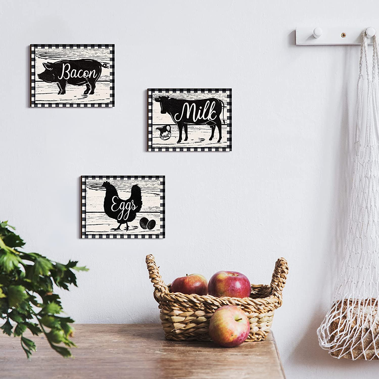 3 Pieces Farmhouse Kitchen Decor Wooden Pig Cow Chicken Signs Rustic Buffalo Pla