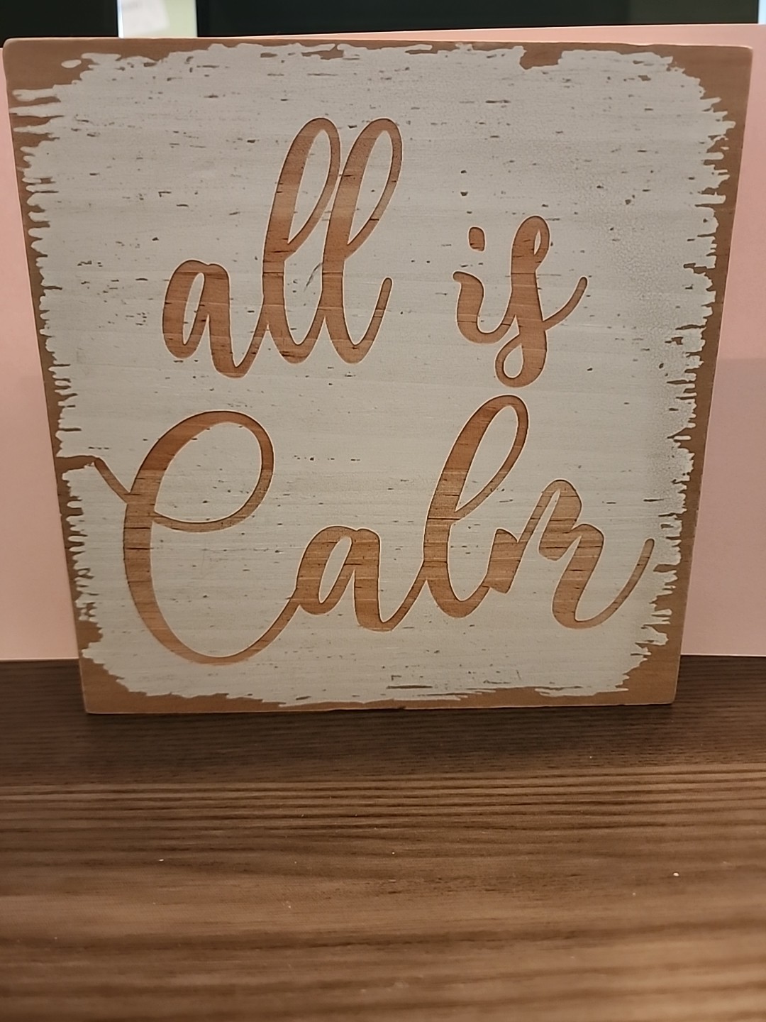 Square Wooden All Is Calm Wall Decor 8×8 Inches Light Wood With Distressed White