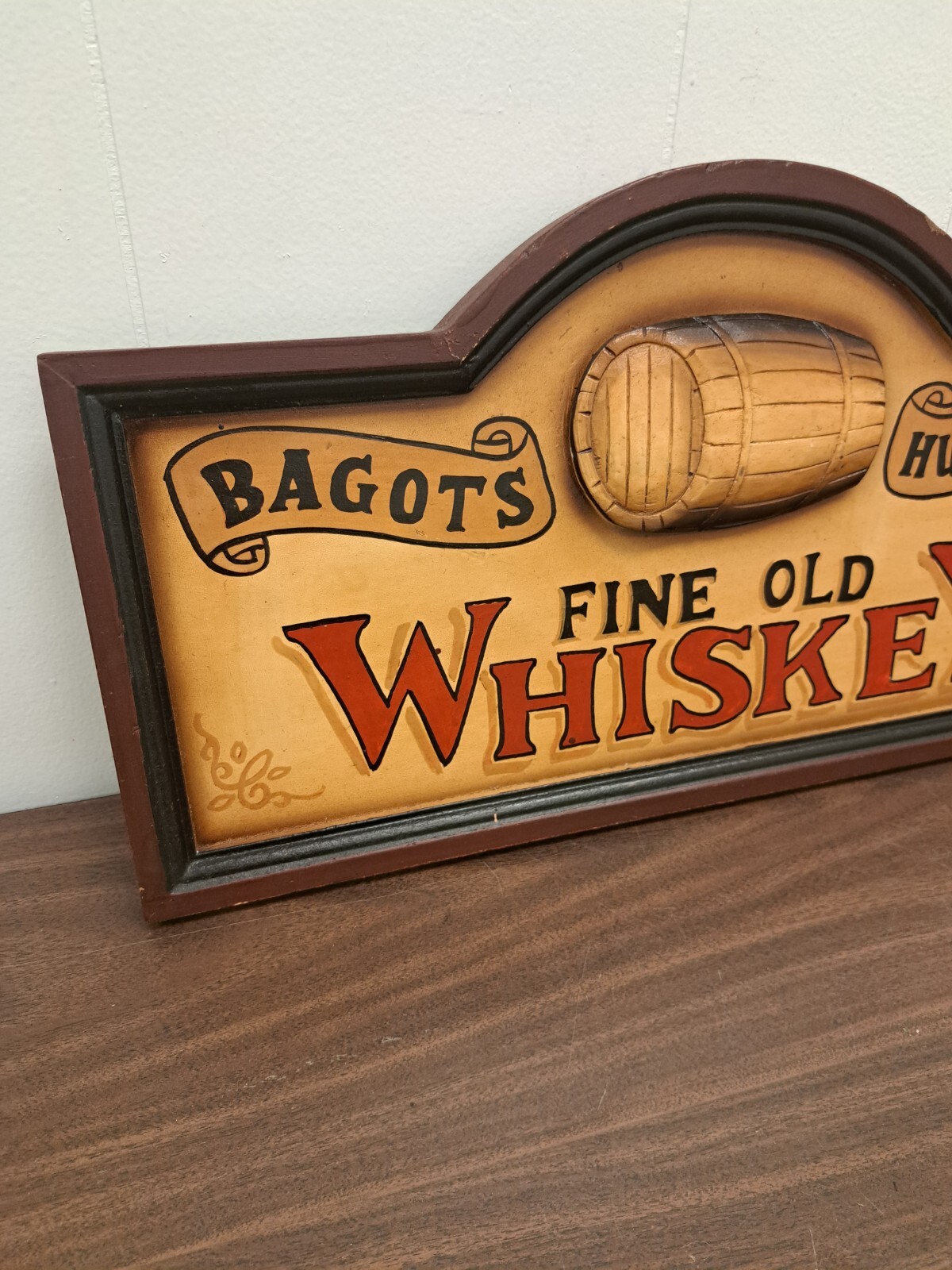 WHISKEY BAGOTS HUTTON Rustic Wooden Sign Vtg Shed Garage Bar 23×12 Advertising