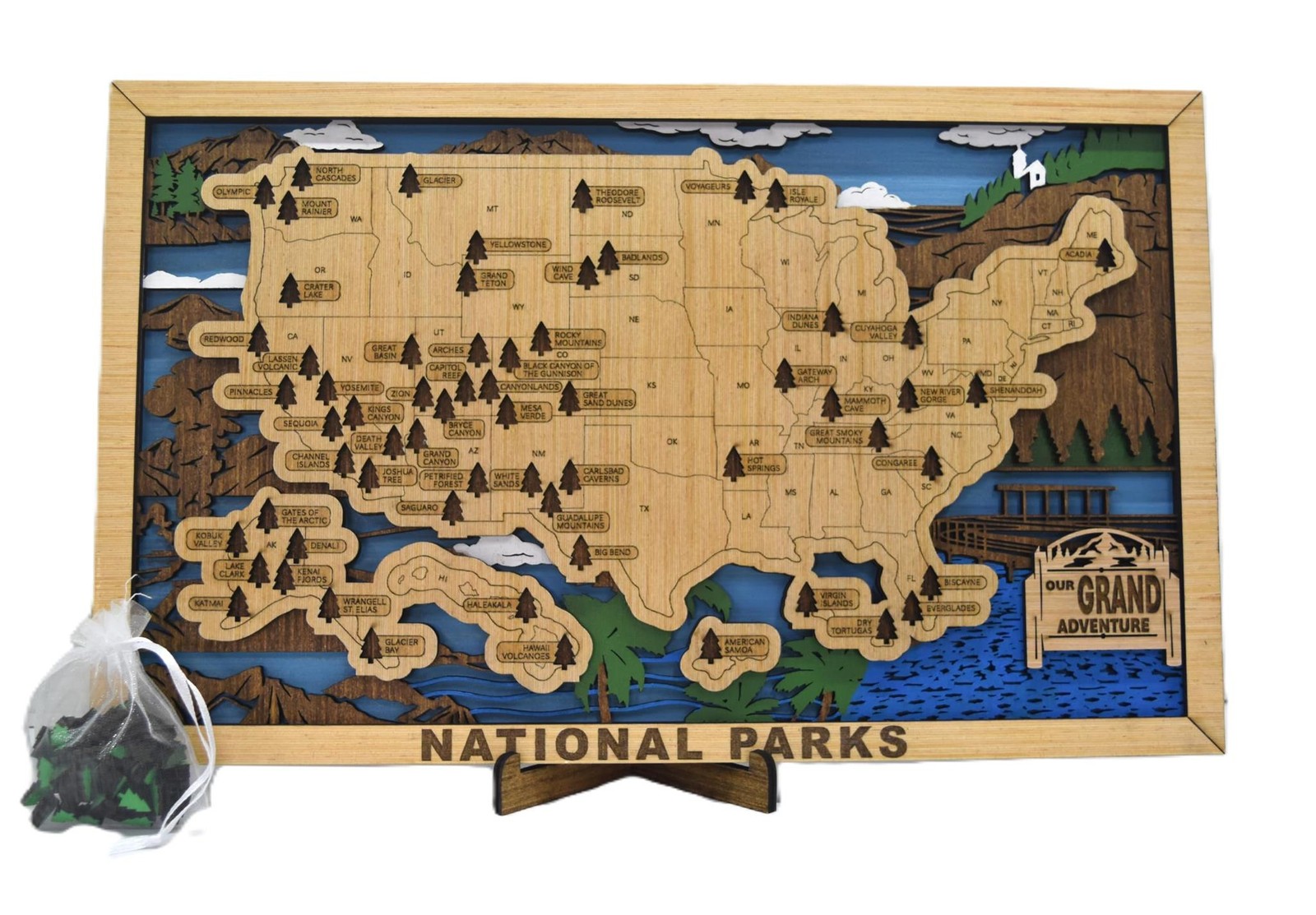 Handmade Wood US National Parks Travel Map Mounting Hardware Easel Decor Rustic