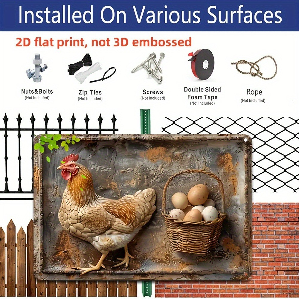 Vintage Farmhouse Chicken Metal Signs Hen & Egg Basket Rustic Wall Decor Country