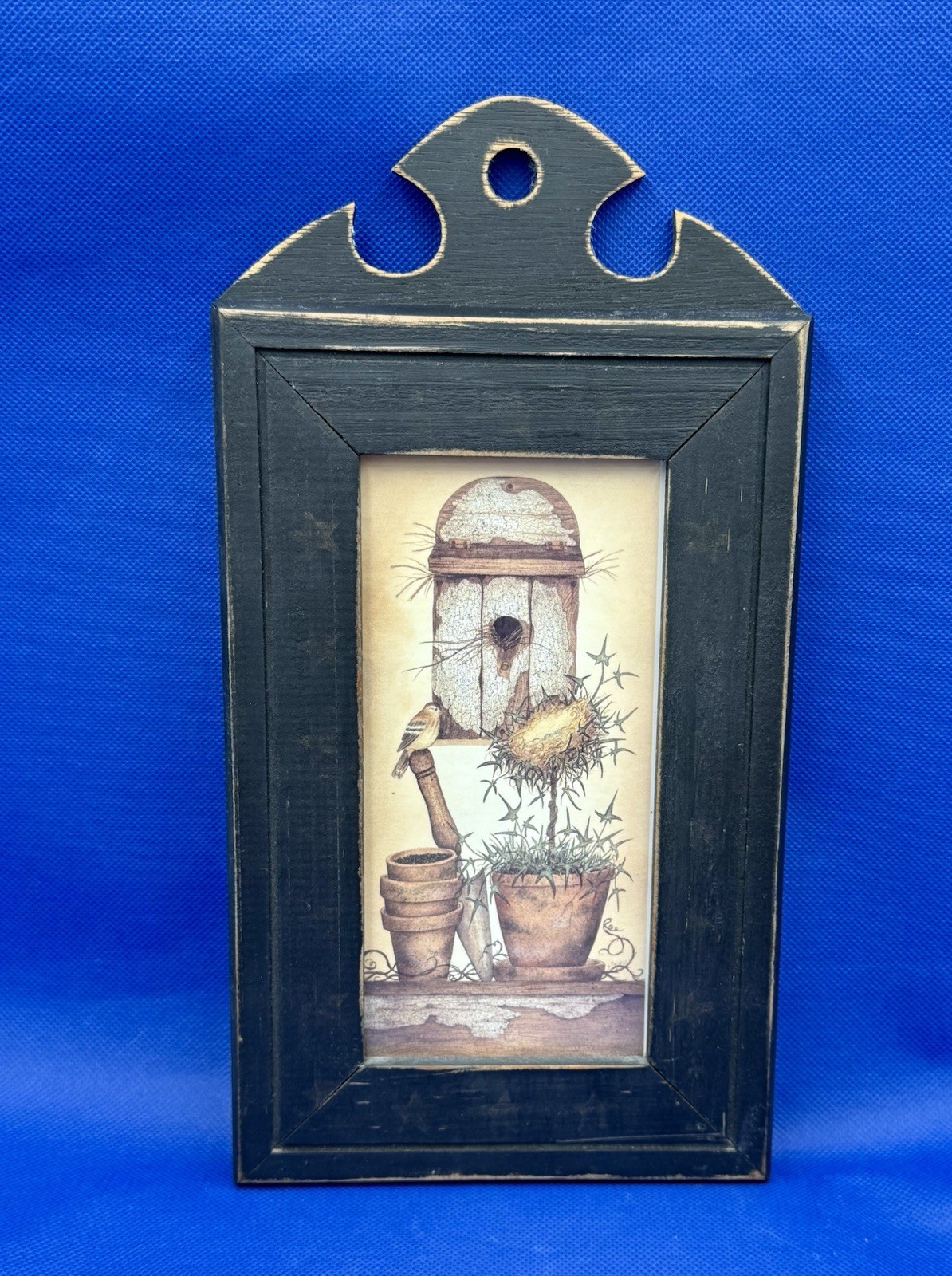 Bird Birdhouse Pots Print-Framed Folk Art Country Decor 11.5” x 6” Black Wood