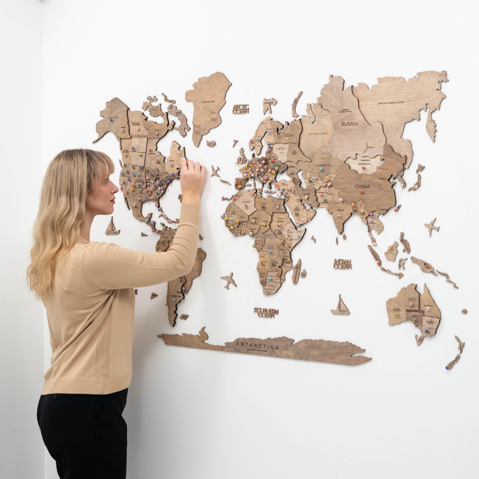 3D Wooden World Map Wall Art Large Travel Map with Pins for Art Decor Decor…