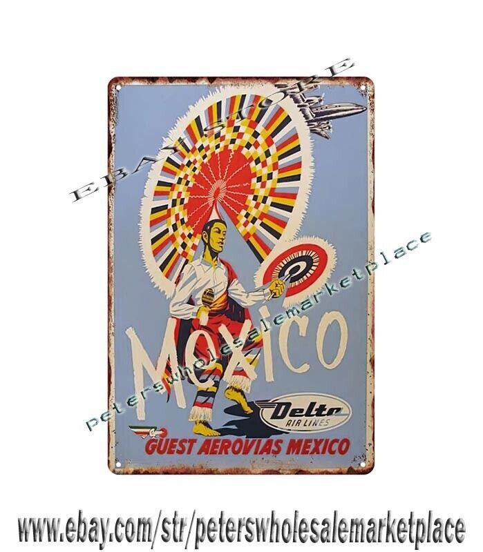 1960s Guest Aerovias Mexico travel poster metal tin sign new wall decor