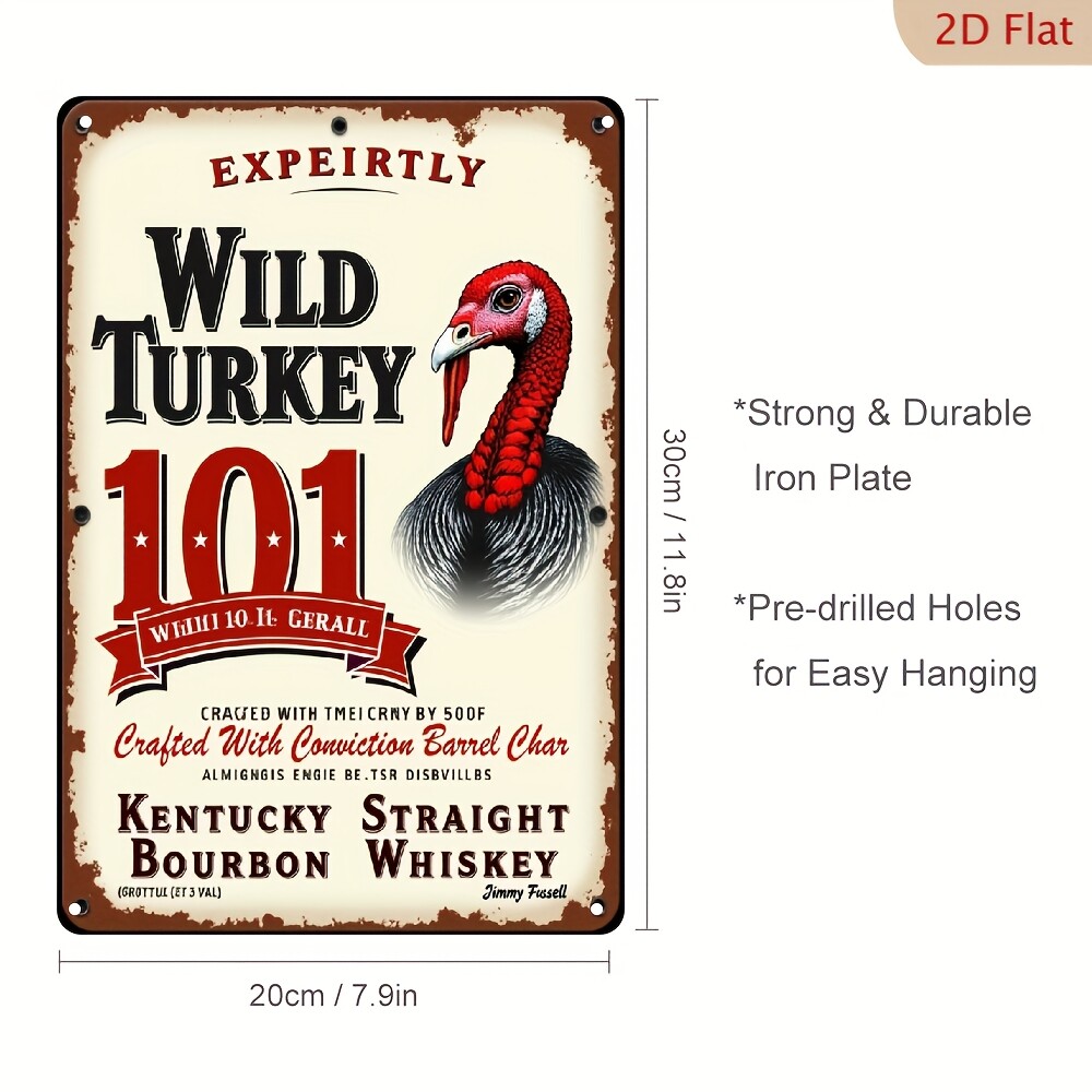 1pc Wild Turkey Bourbon Vintage Metal Iron Logo Wall Plaque – Rustic 2D Flat Han