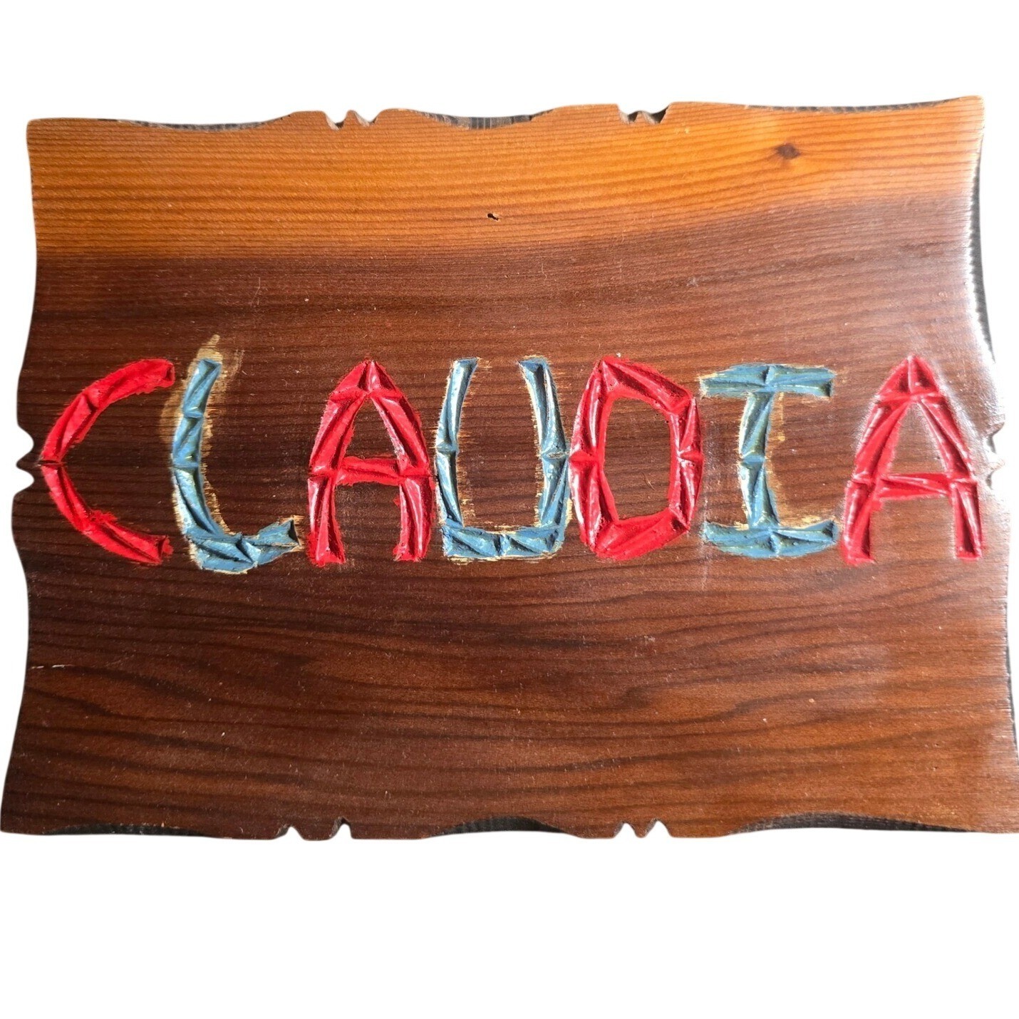 Wooden CLAUDIA sign painted red and blue Wall plaque 7.5″ x 5.5″