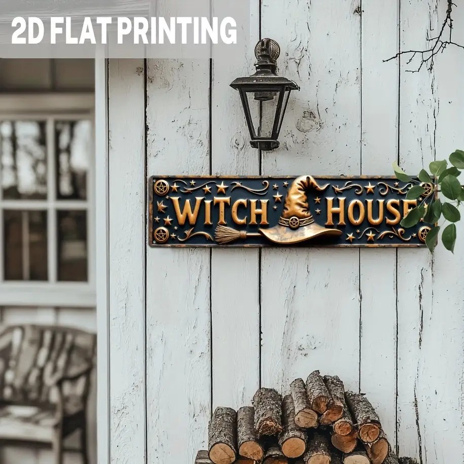 Witch House Witch Hat Broom Metal Sign Distressed Halloween Wall Decor Plaque