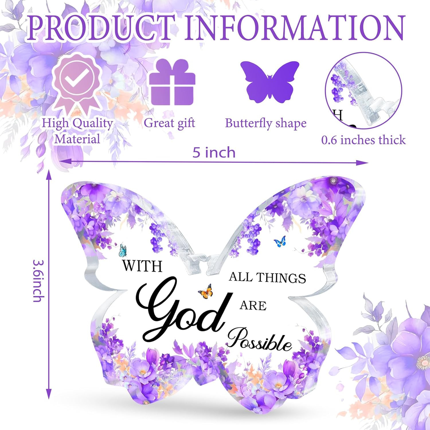 Purple Office Supplies Butterfly Acrylic Desk Decor for Women, Inspirational Chr
