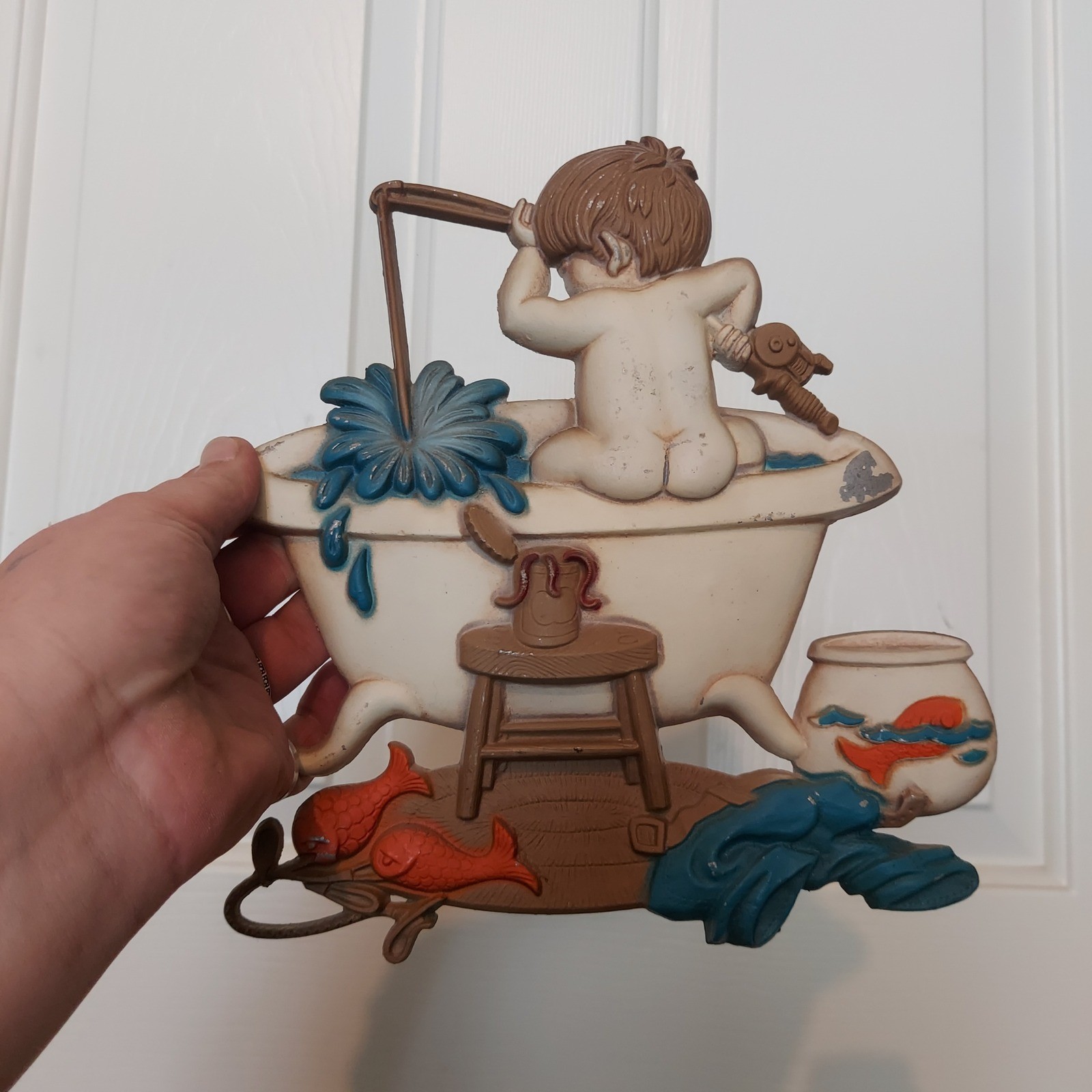 Vintage 1975 Sexton USA Cast Metal Wall Art Set 3 Boys in Bathtub Bathroom Decor