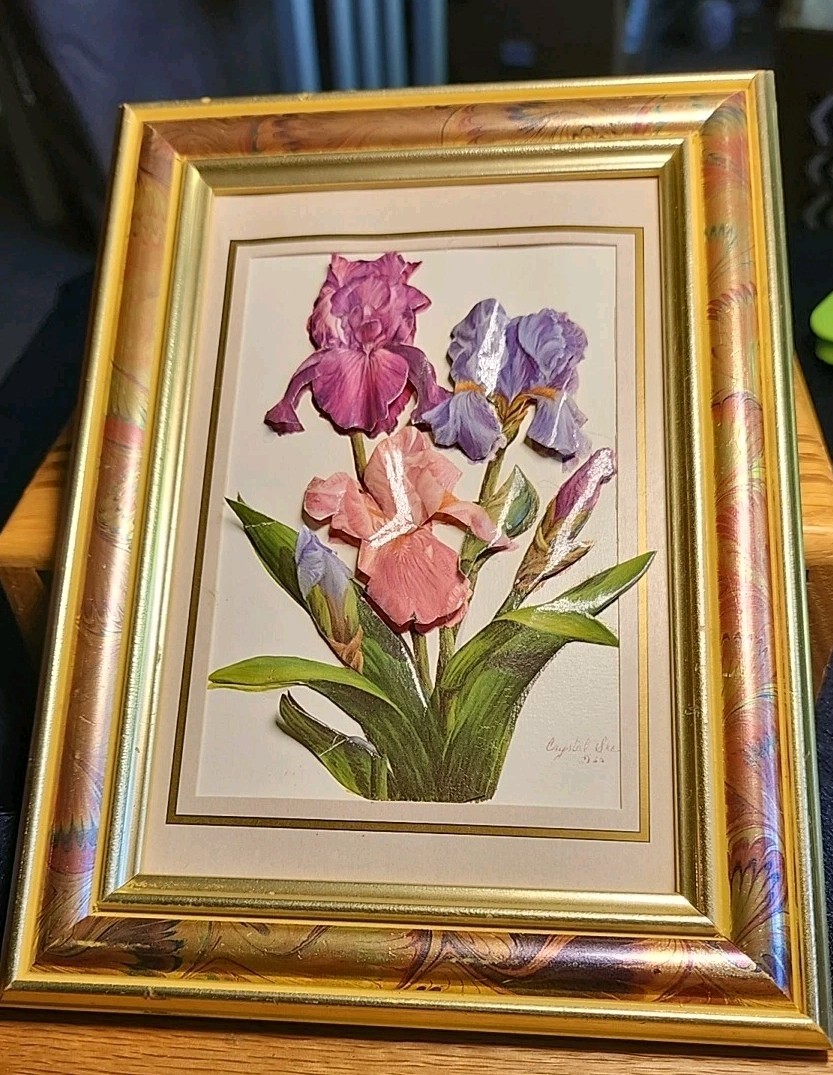 Vintage Decorative Iris Paper Tole, Relief In Frame, 3D, 7.5 x 6 In. Purple/Pink