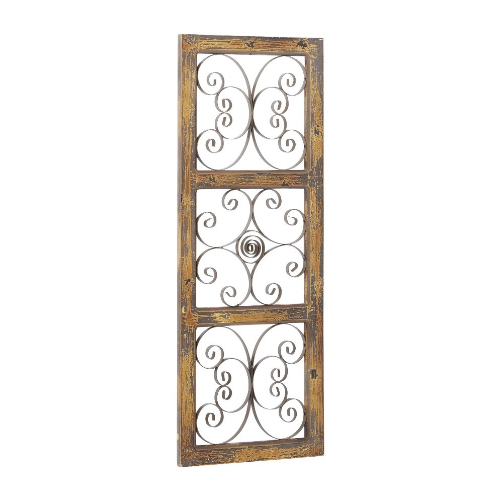 Brown Wood Scroll Distressed Panel Home Wall Decor with Bronze Metal Scrollwork