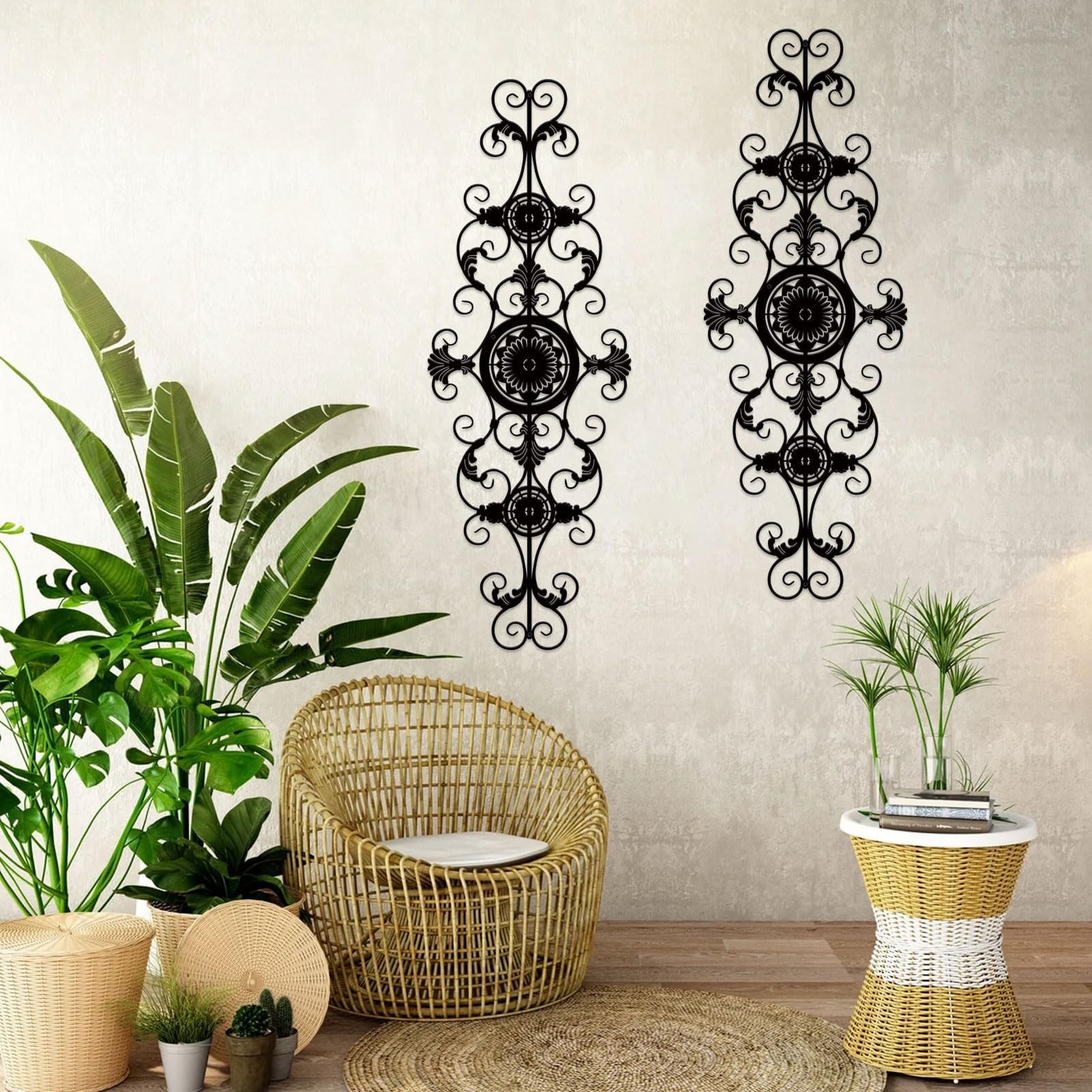 Black Flower Scroll Metal Wall Decor, Hanging Flower Scroll Metal Wall Art De…