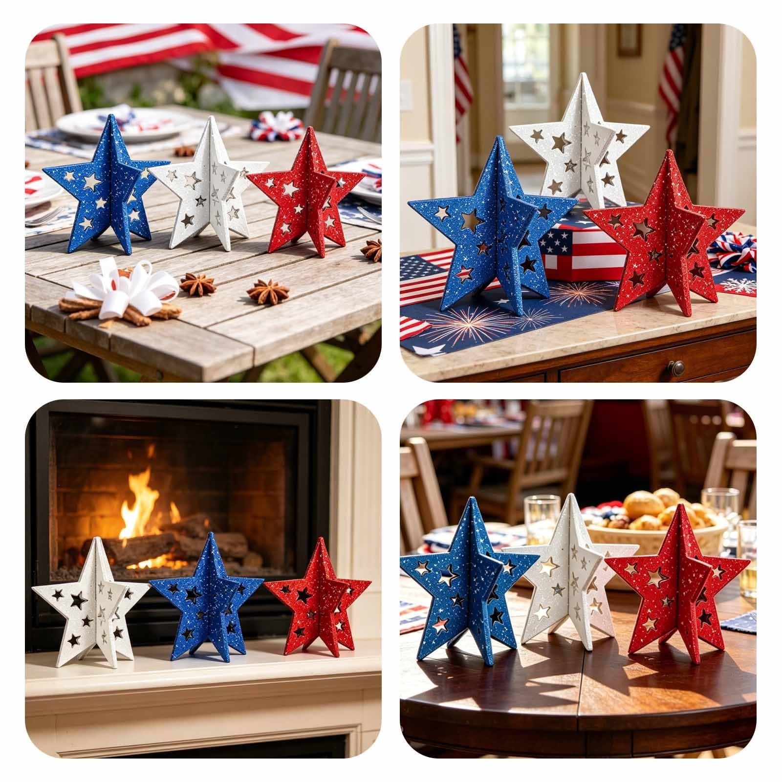 3 Pack Patriotic Wooden Stars 6-Inch Red White & Blue Glitter Tiered Tray Dec…