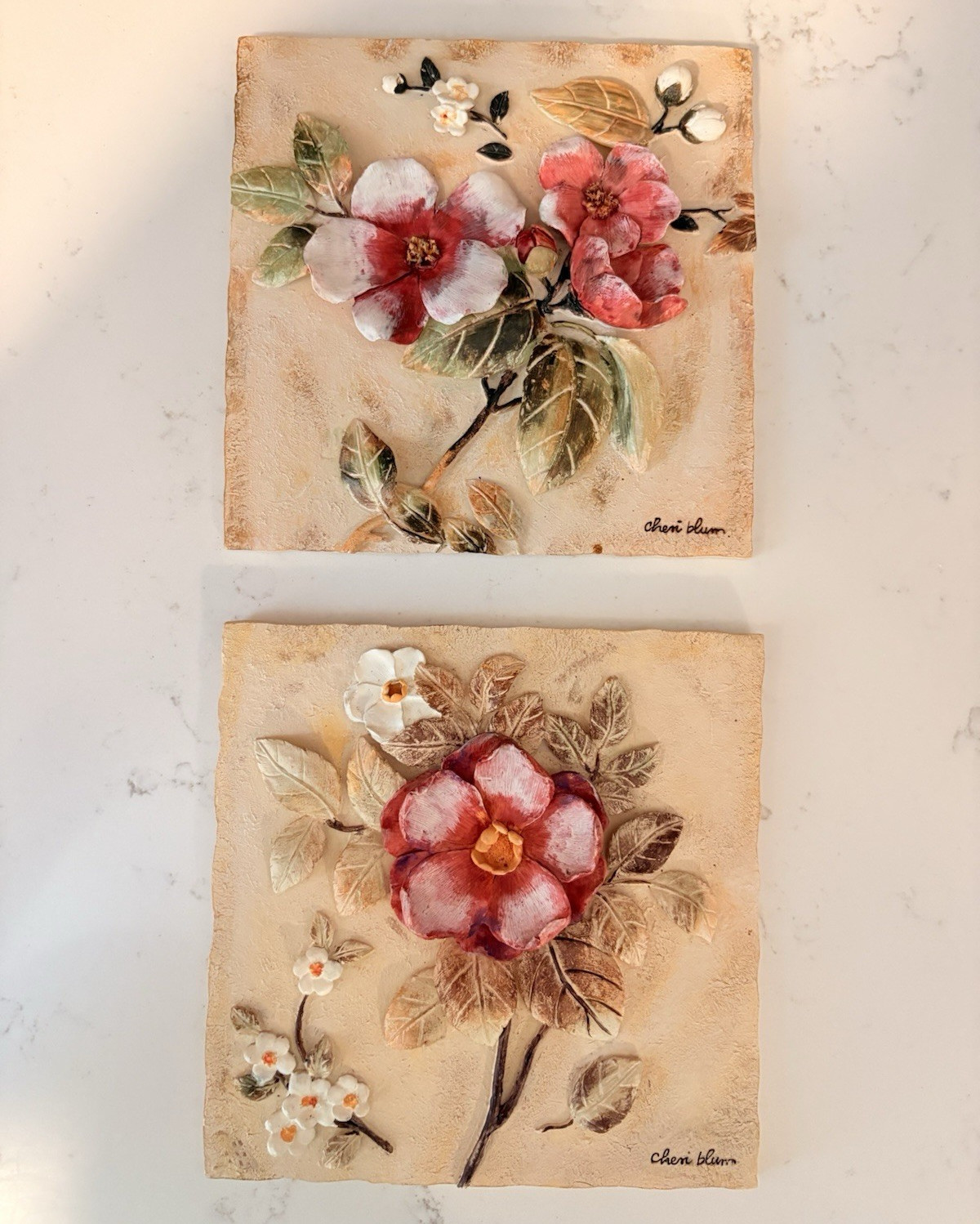 3D Floral Resin Wall Plaque Square Beige Pink Green White Decorative Flowers