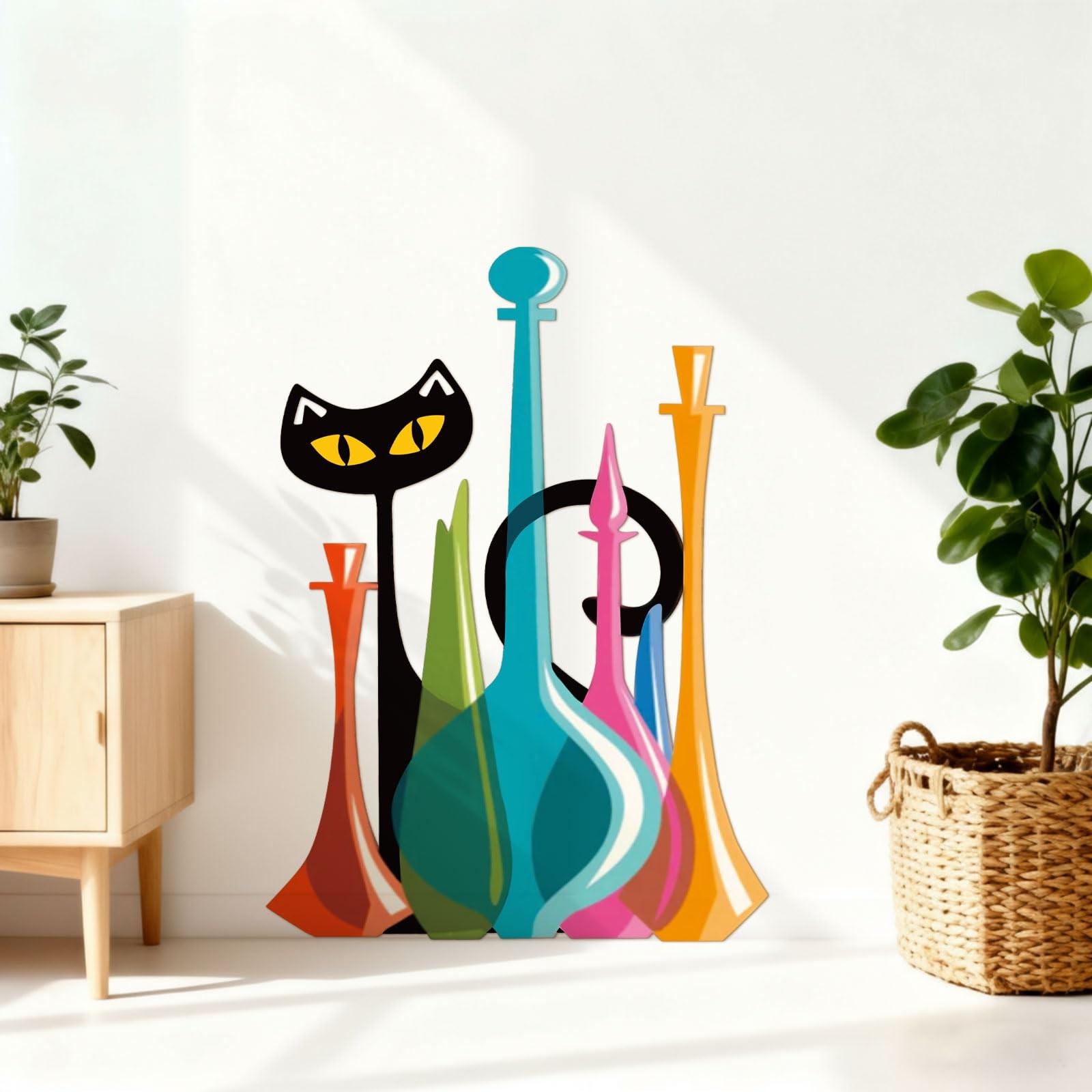Cat Metal Wall Art Decor Mid Century Modern Atomic Cat Colorful Glass Decante…