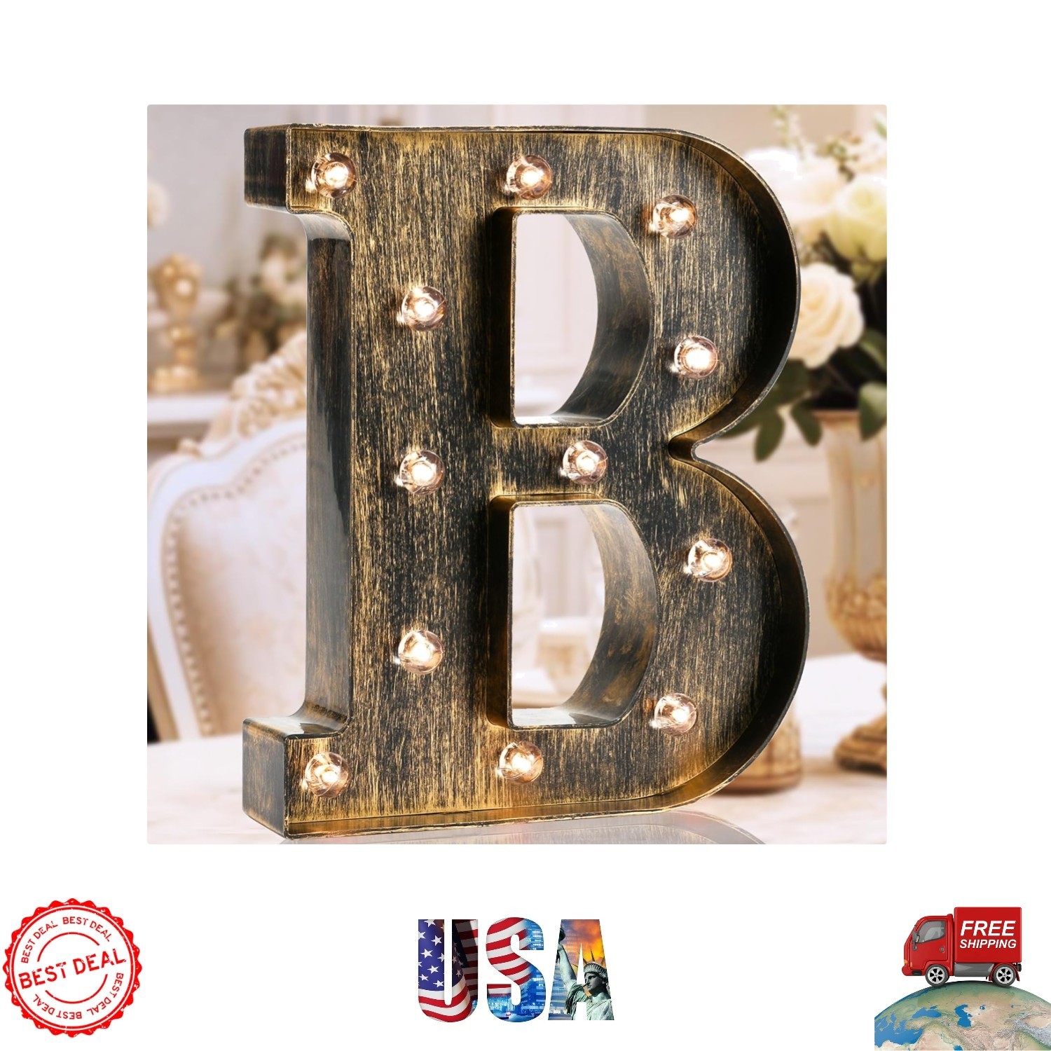 Golden Black LED Marquee Letter ‘B’ – Vintage Industrial Light for Events