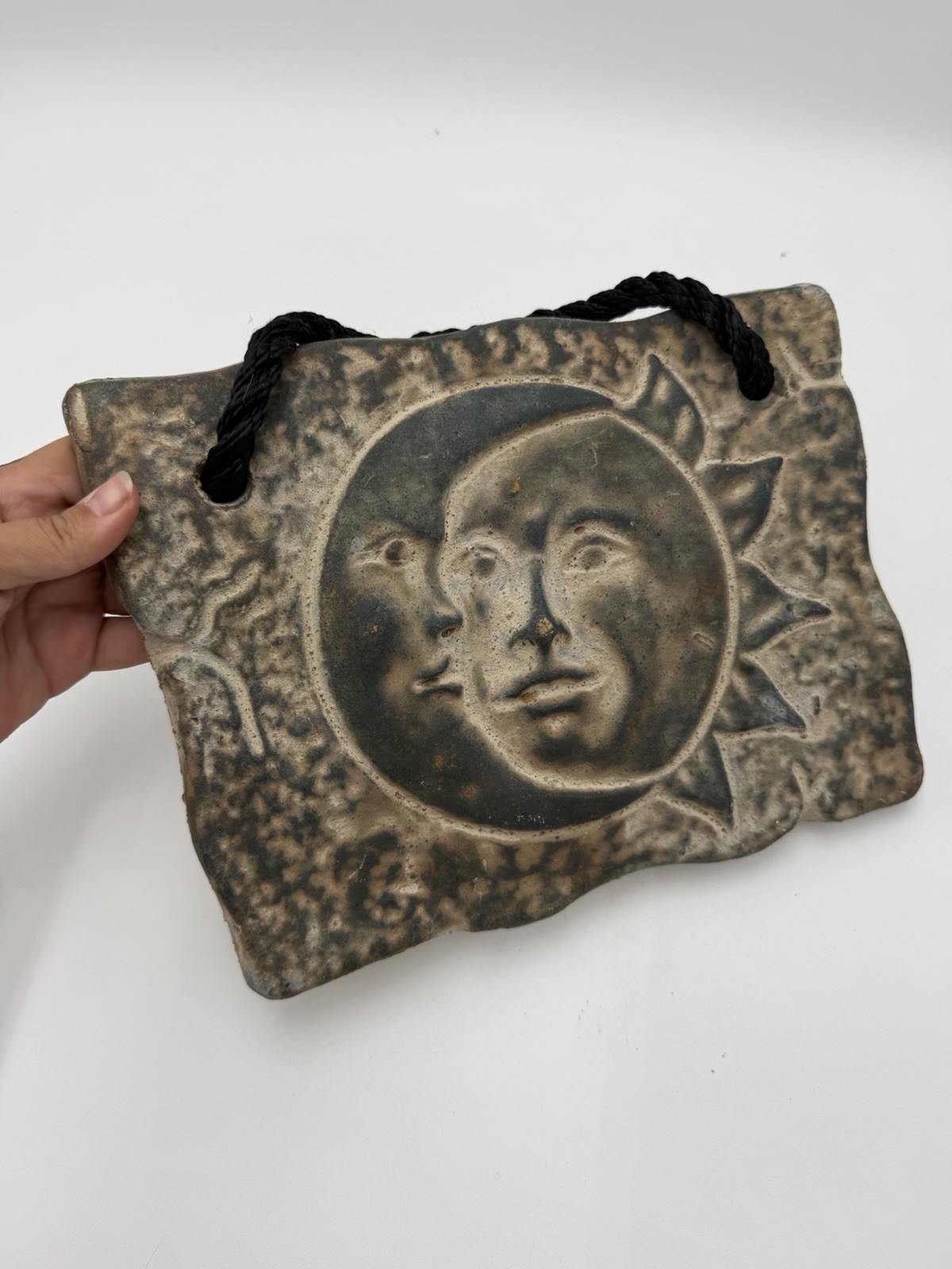 Vintage Celestial Sun Moon Wall Plaque Handmade Pottery Ceramic Hanging Decor