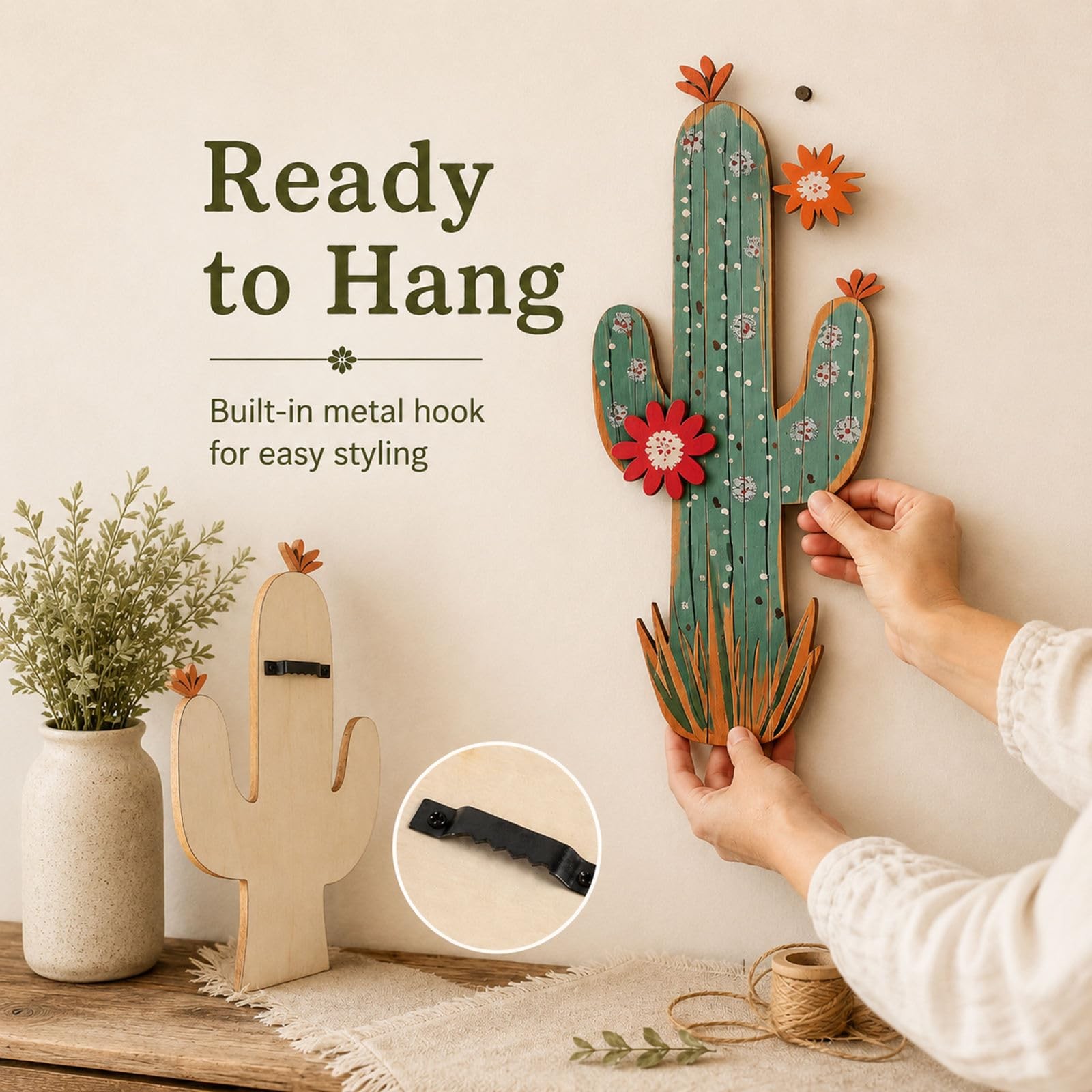 15.7in Layered Cactus Wall Decor, Set of 2 Wooden Cactus Flower Picture South…