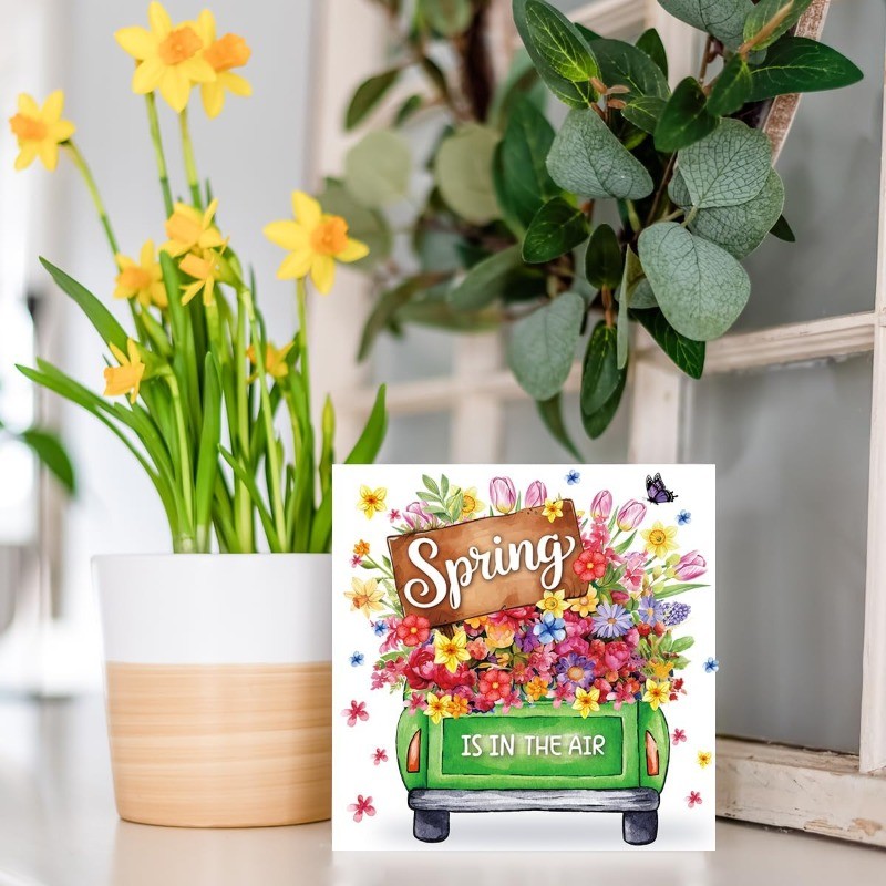 “Spring Is In The Air” Wood Sign, Watercolor Flower Truck Design for Home