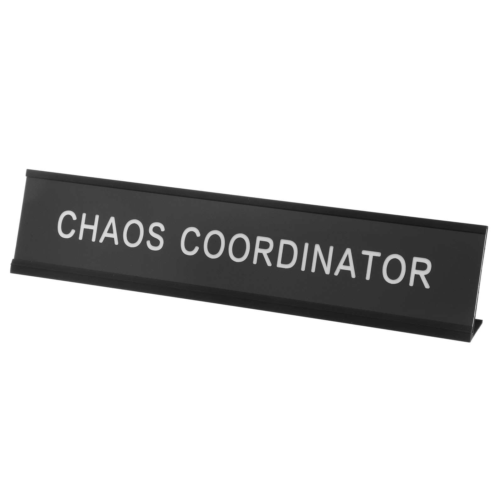 CHAOS COORDINATOR Desk Name Plate, Aluminum Desk Plaque, Black/White on Black