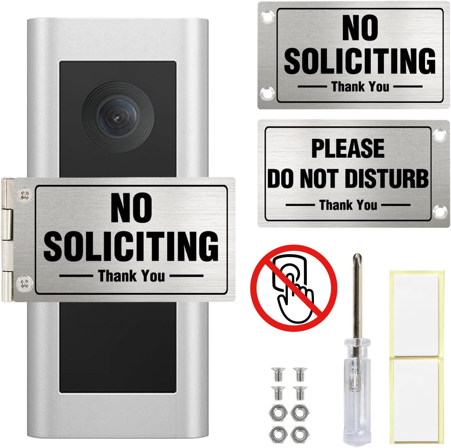 No Soliciting Sign for House and for Front Door，Small Aluminum Metal Doorbell Co